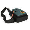 A dark green nylon chest bag with black straps and an orange zipper pull is shown on a white background.