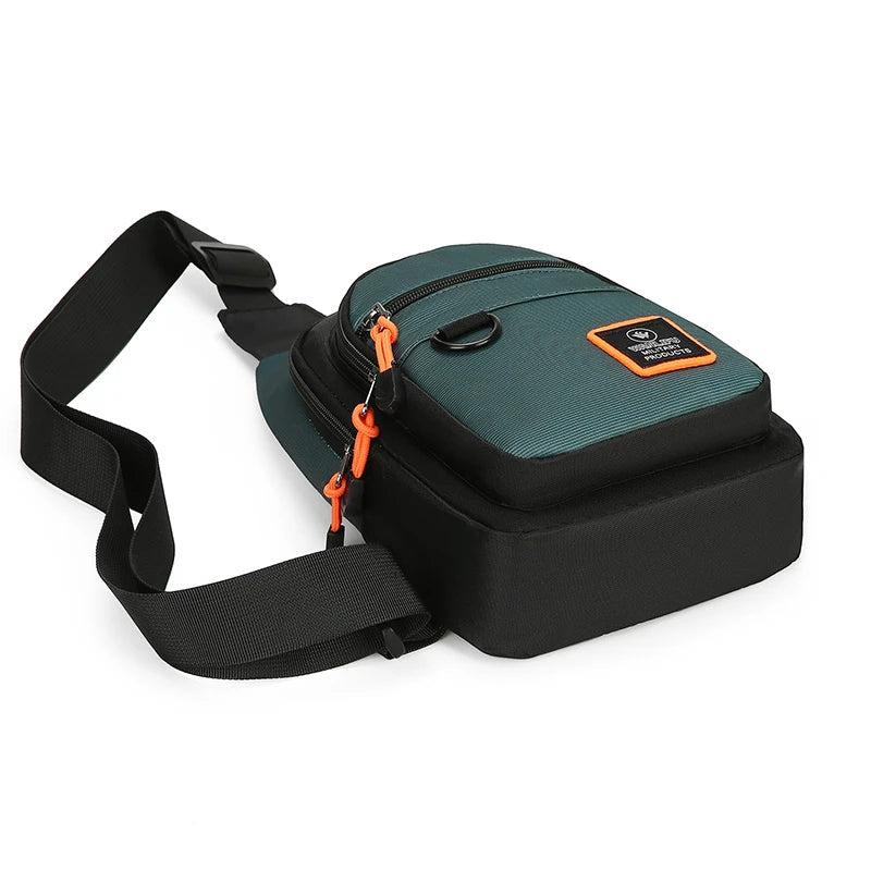 A dark green nylon chest bag with black straps and an orange zipper pull is shown on a white background.