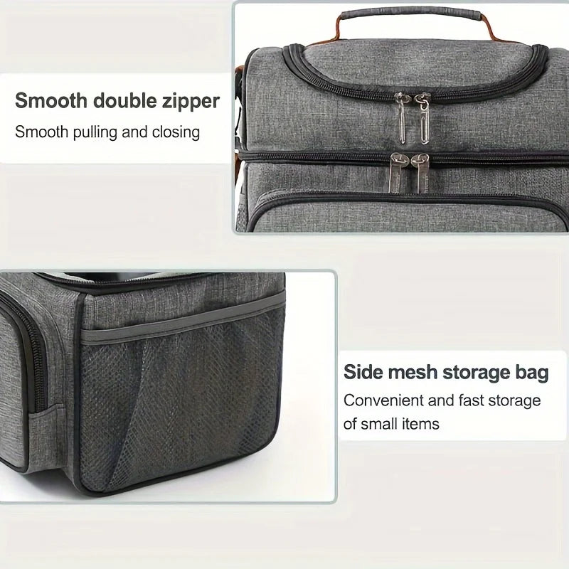 A gray insulated double-layer lunch bag with a smooth zipper and a side mesh storage section.