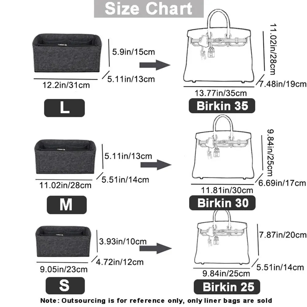 Size chart showing dimensions for L, M, and S multi-pocket felt bag organizer inserts.