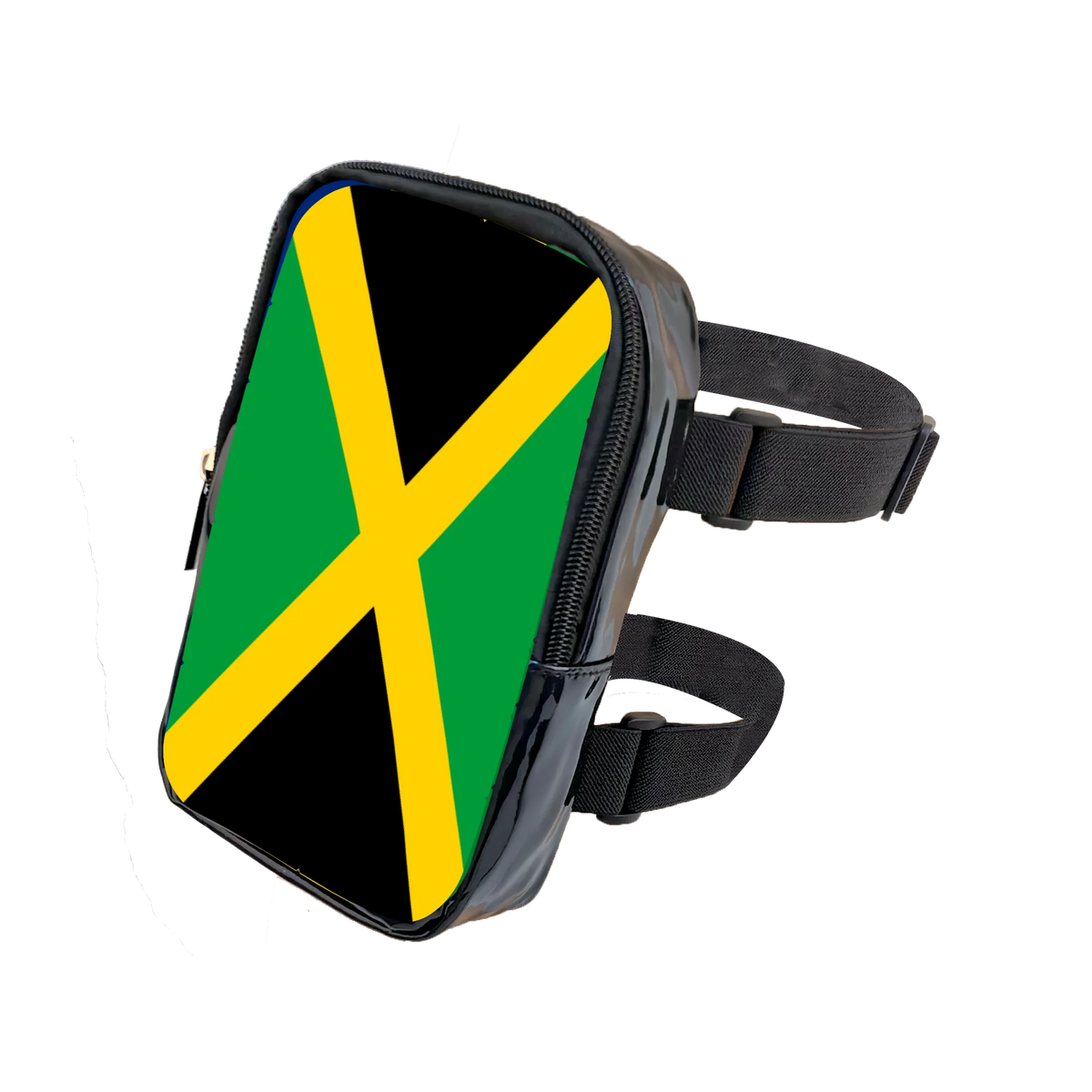 A black adjustable PU waist pouch featuring a yellow and green cross design.