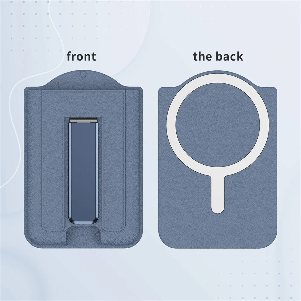 Front and back views of a blue magnetic PU leather phone wallet with card holder and stand