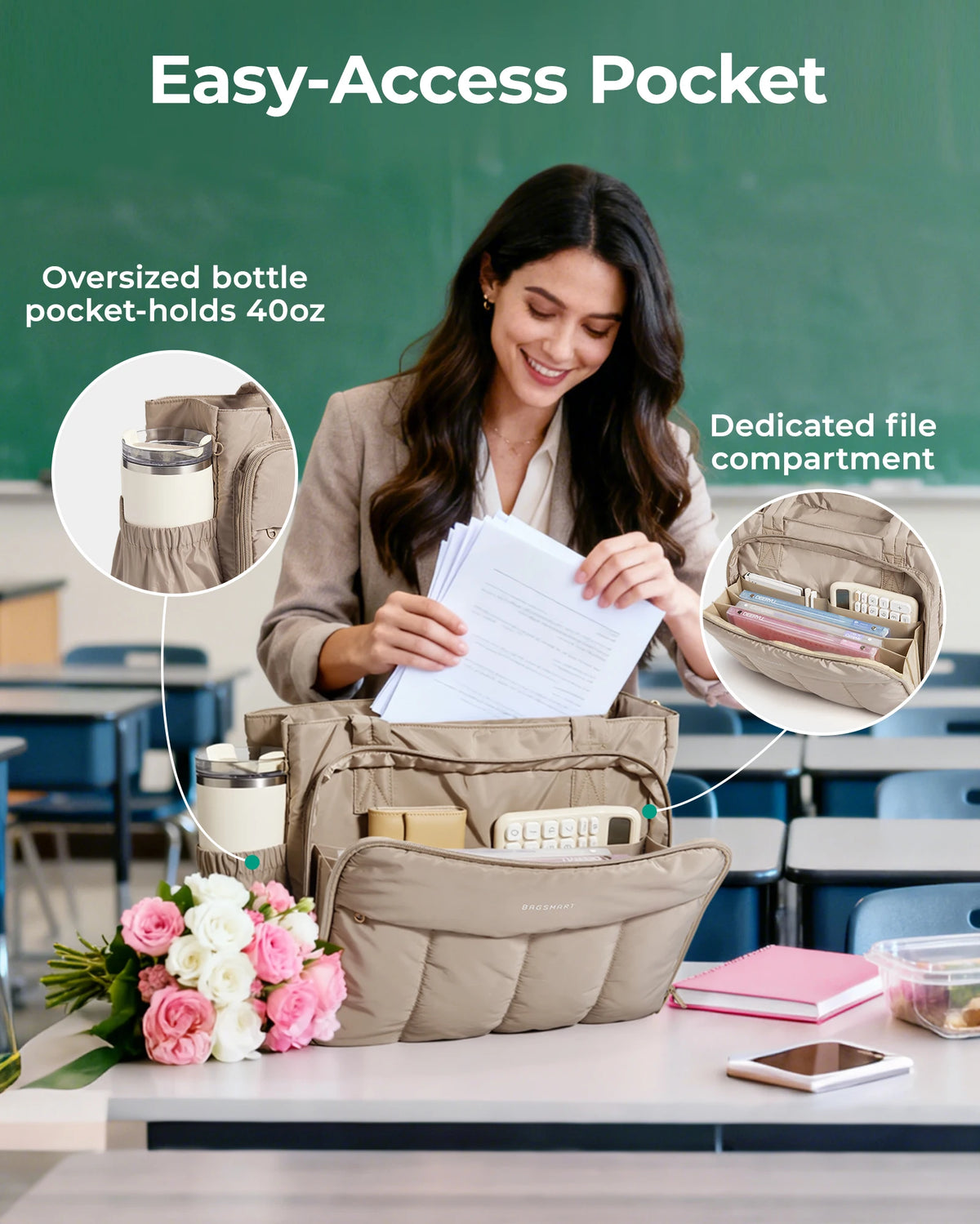 A woman is using an easy-access pocket in a beige insulated work tote, showing dedicated compartments for bottles and files.