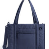 Navy quilted tote bag with a detachable strap shown from the front.
