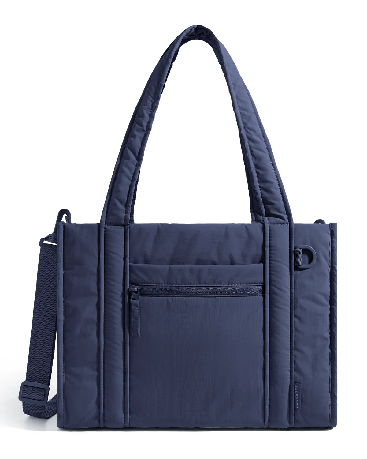 Navy quilted tote bag with a detachable strap shown from the front.
