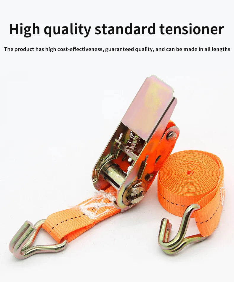 A high quality standard tensioner, an orange ratchet strap with metal clasps and a coiled strap visible.