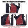 Inner liner approximate capacity measurements for a black travel wallet showing various dimensions in inches and centimeters.