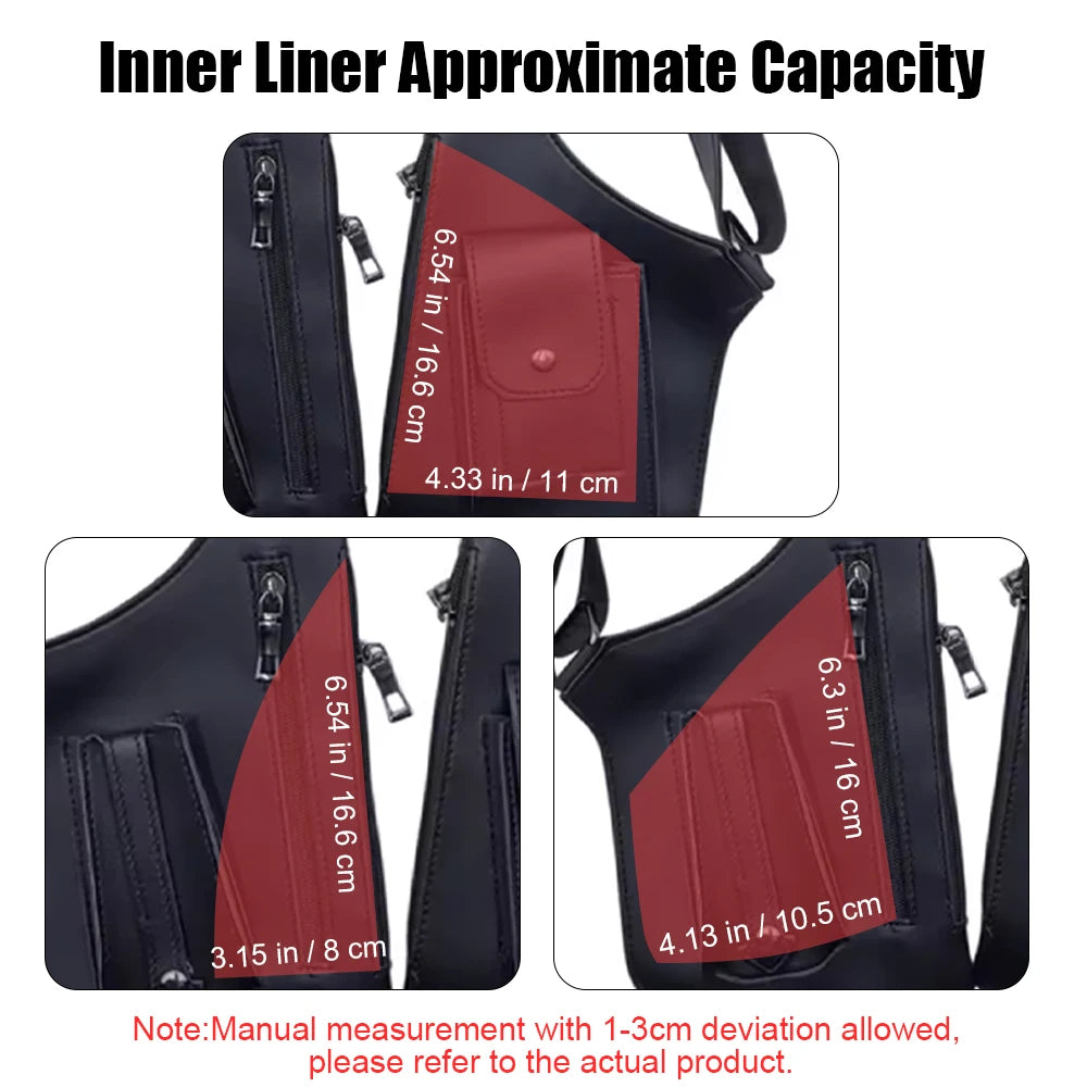 Inner liner approximate capacity measurements for a black travel wallet showing various dimensions in inches and centimeters.