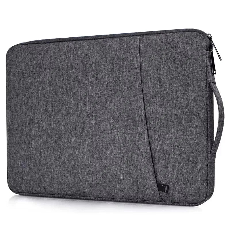 A dark gray laptop sleeve designed to protect an Apple or PC, shown flat.