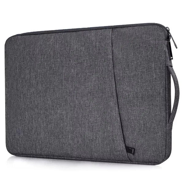 A dark gray laptop sleeve designed to protect an Apple or PC, shown flat.