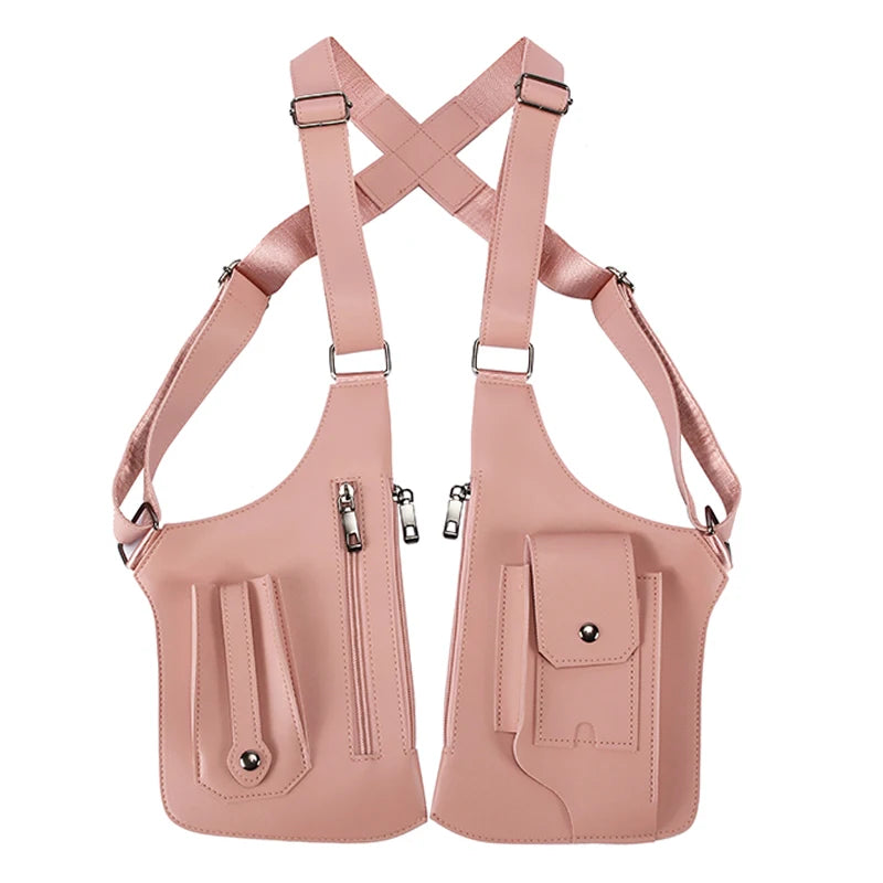 A pink vintage tactical chest bag with multiple zippered and flap pockets.