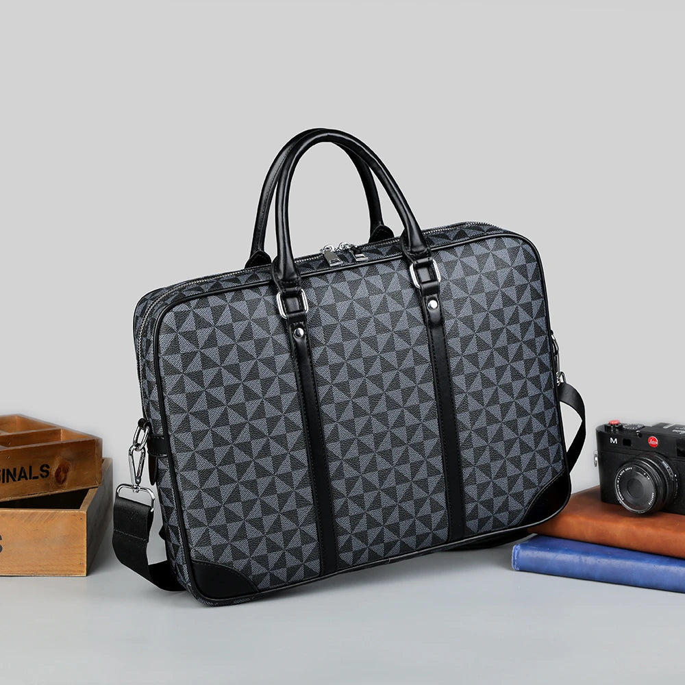 Black executive PU leather laptop briefcase with a patterned fabric and shoulder strap