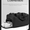 A black travel backpack with a side independent shoe compartment shown open, revealing a shoe inside.
