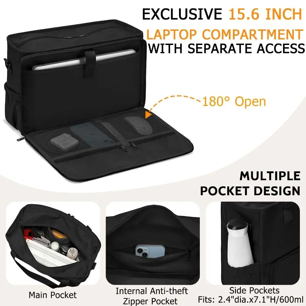 Black insulated laptop compartment bag with separate access and multiple pocket design