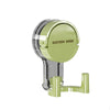A close-up view of a green suction hook with a clear plastic grip and a metal mounting base.