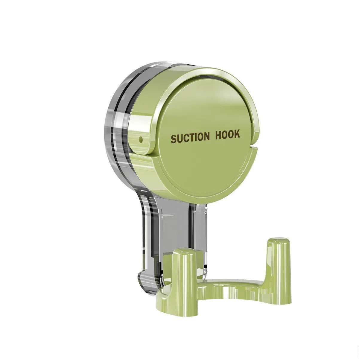 A close-up view of a green suction hook with a clear plastic grip and a metal mounting base.