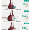 Tres tamaños de bolso acolchado tipo puffer, en color marrón y beige, etiquetados como pequeño, mediano y grande.