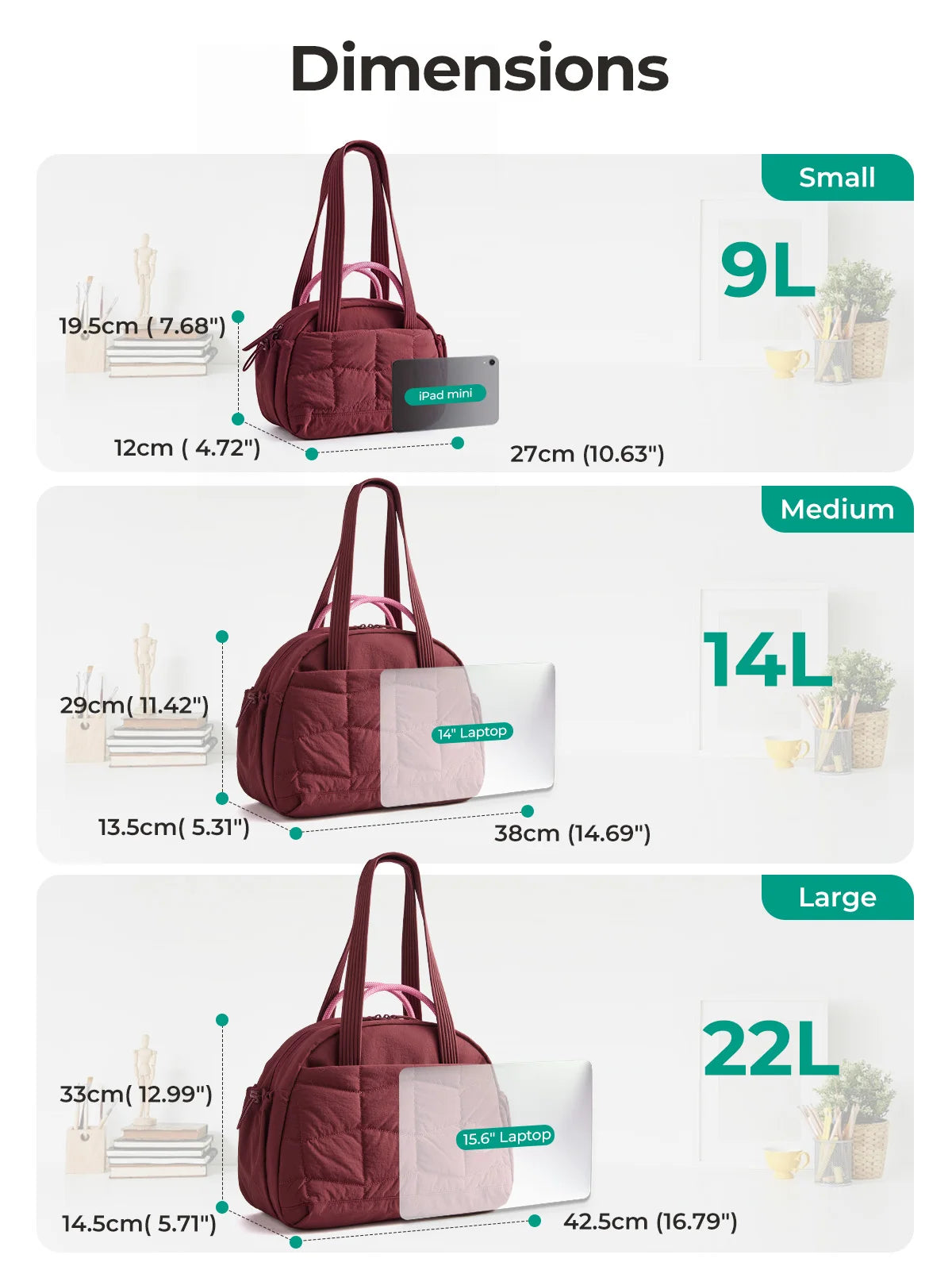 Tres tamaños de bolso acolchado tipo puffer, en color marrón y beige, etiquetados como pequeño, mediano y grande.