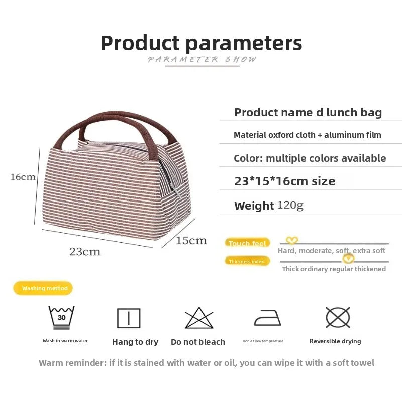 A striped oxford cloth thermal lunch bag shown with various dimensions and care instructions.