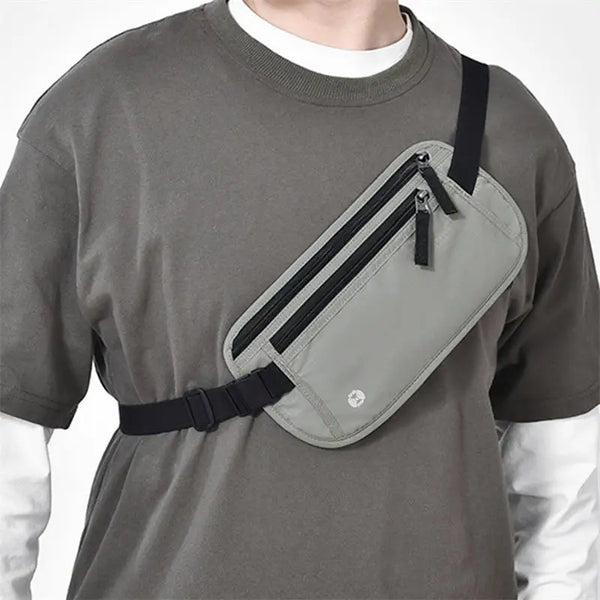 A gray t-shirt features a black RFID blocking money belt pouch attached to the shirt.
