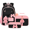 A pink and black nylon school backpack set featuring various storage compartments and decorative bows.