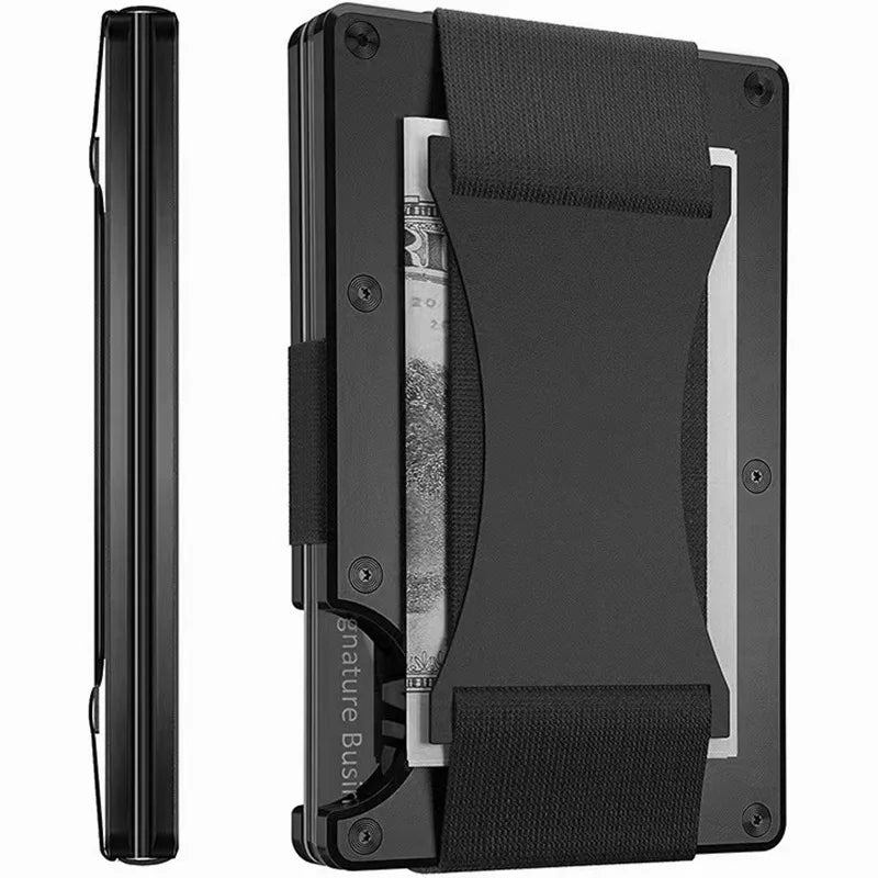 A black slim metal RFID protection card holder wallet with a protective strap.
