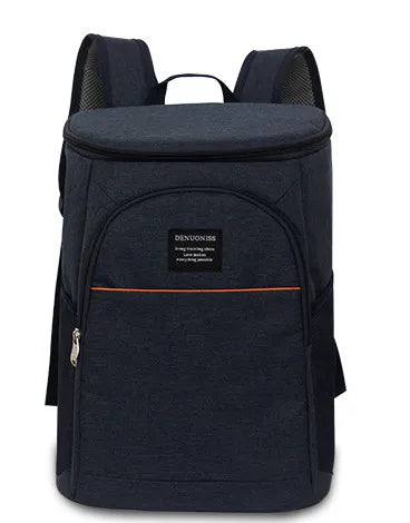 Navy insulated thermal cooler backpack with black straps and an orange accent stripe.