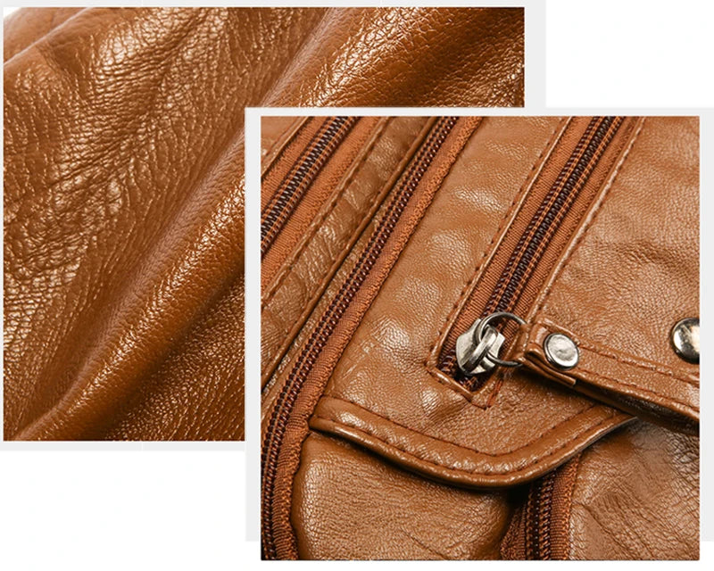 Close-up of a brown leather tote bag showing stitching and hardware details.