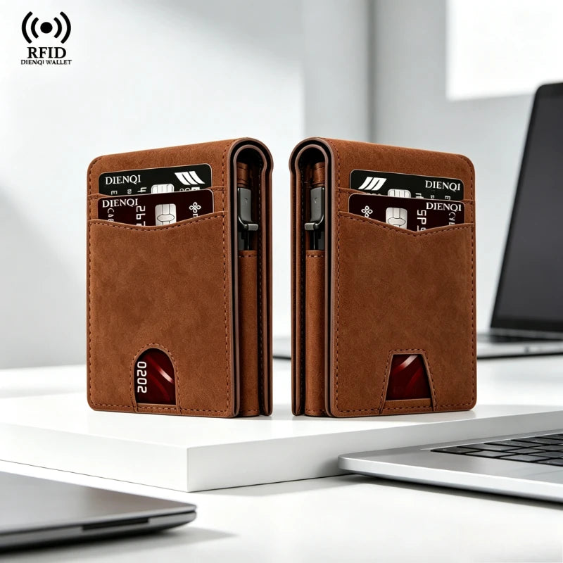 A brown leather slim RFID blocking credit card holder wallet is shown on a white desk next to a laptop.