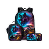 A 3-piece backpack set featuring a wolf cartoon design on the main bag, lunch bag, and pencil case.