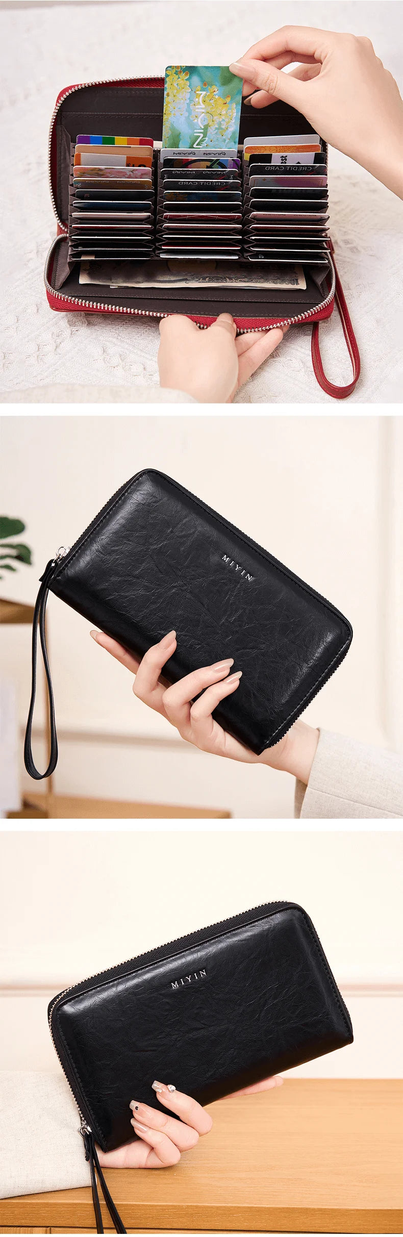 A black slim RFID-blocking PU leather wallet with a zipper closure is held in a hand.