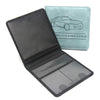 A black PU leather glove box wallet with a light blue cover featuring a line drawing of a car for registration and insurance 