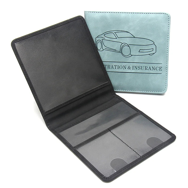 A black PU leather glove box wallet with a light blue cover featuring a line drawing of a car for registration and insurance 