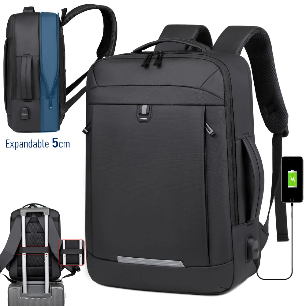 A black expandable travel backpack shown with a separate power bank.
