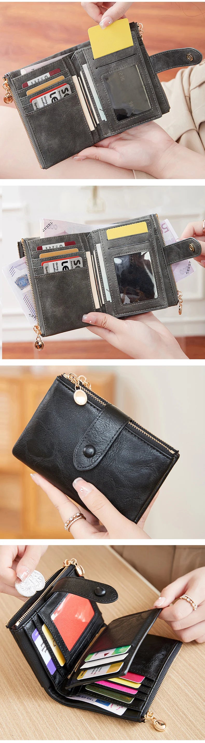 A black minimalist women's foldable wallet with a double zipper is shown open and closed.