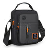 Black men's crossbody sling bag with a zippered pocket and adjustable strap.