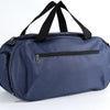 Navy waterproof sports duffel bag with black straps and a zippered pocket