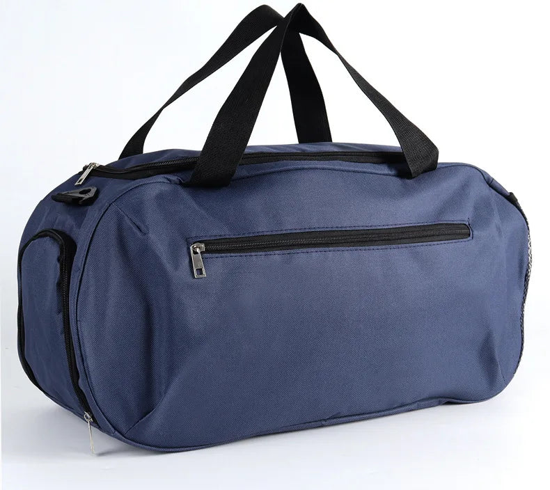 Navy waterproof sports duffel bag with black straps and a zippered pocket