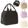 A reusable thermal insulated bento bag in dark brown fabric shown with an open version and various color options.