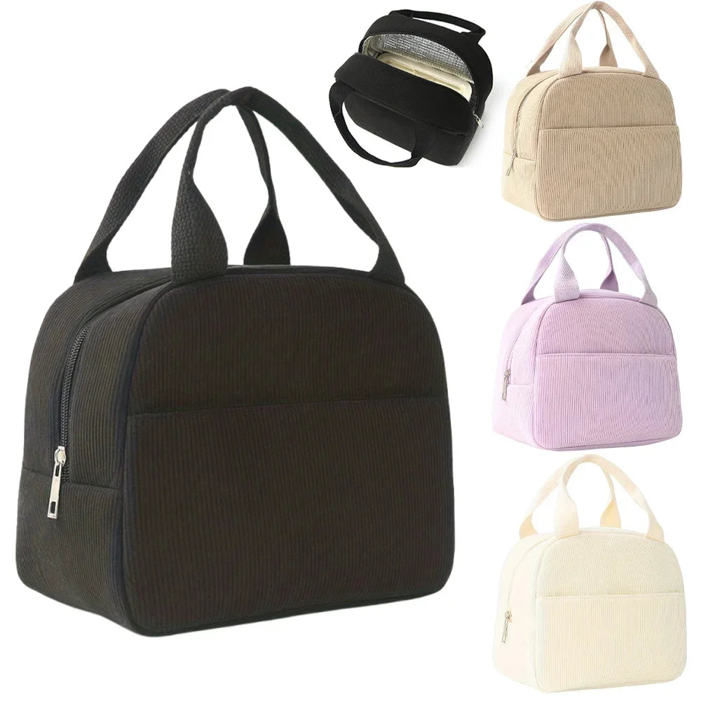 A reusable thermal insulated bento bag in dark brown fabric shown with an open version and various color options.