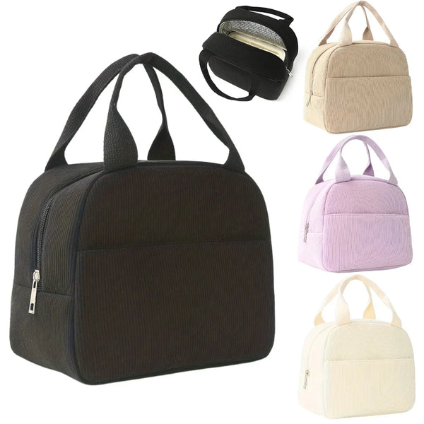 A reusable thermal insulated bento bag in dark brown fabric shown with an open version and various color options.