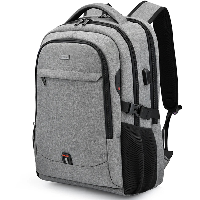 A gray men's premium laptop backpack with black straps and zippered compartments.