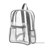 A clear plastic backpack with mesh pockets and a gray frame.