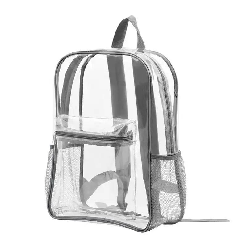 A clear plastic backpack with mesh pockets and a gray frame.