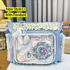 Light blue transparent shoulder tote bag with white lace trim and a decorative pendant