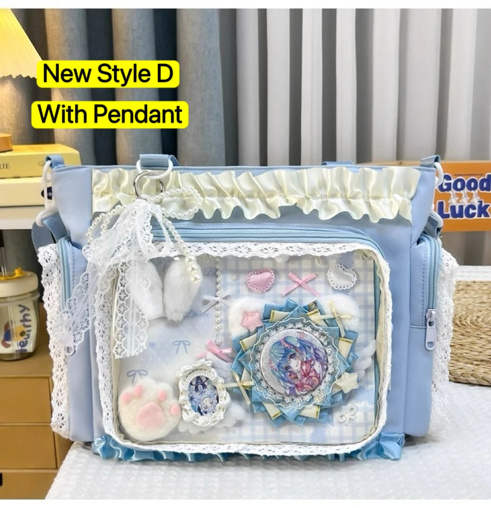 Light blue transparent shoulder tote bag with white lace trim and a decorative pendant