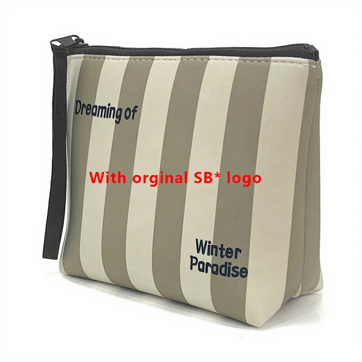Bolsa cosmética beige con rayas grises y el logo original de SB 'Dreaming of Winter Paradise'