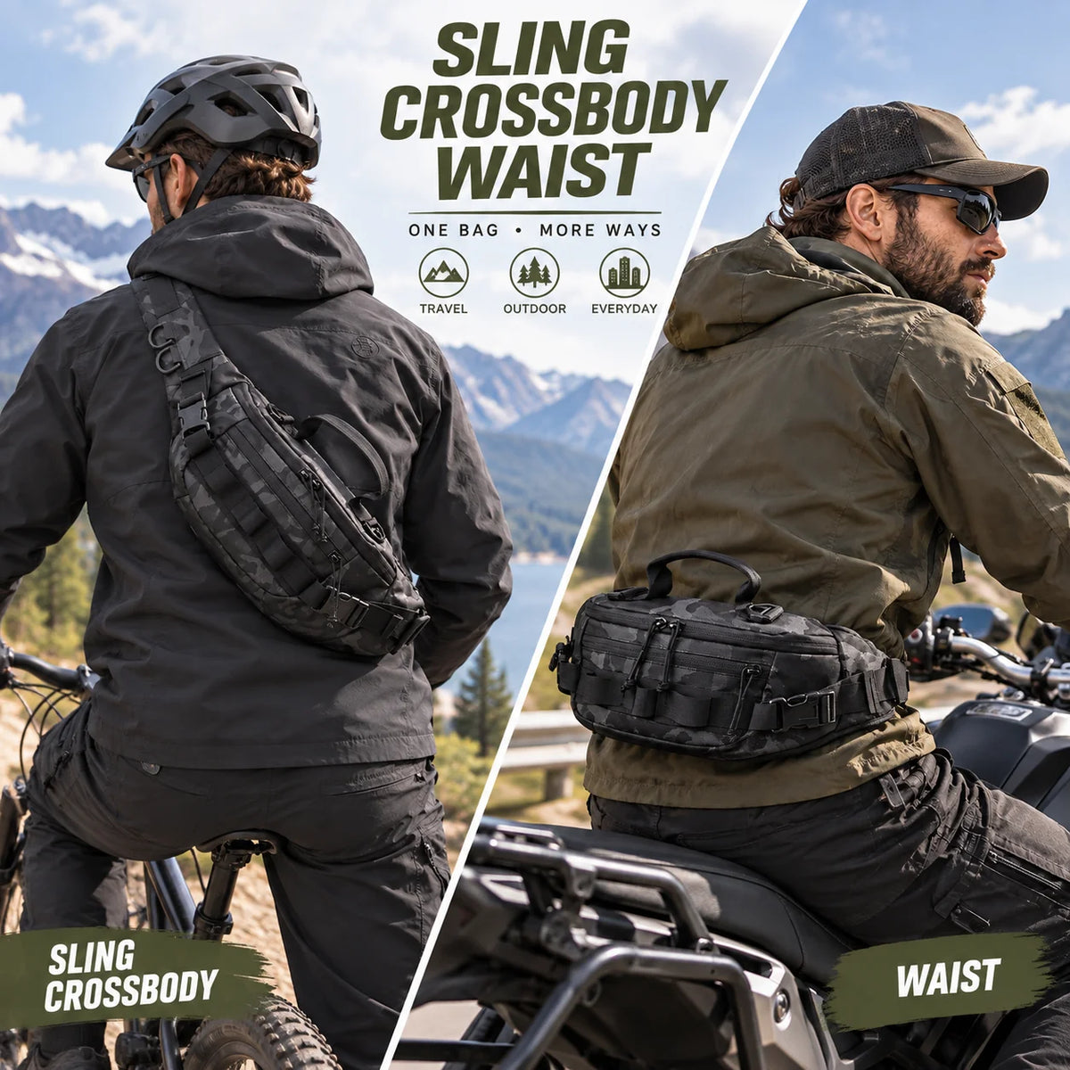 A man wearing a tactical sling crossbody waist pack while riding a motorcycle in an outdoor setting.