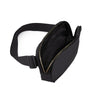 Black waist bag or fanny pack with a zipper and adjustable strap.