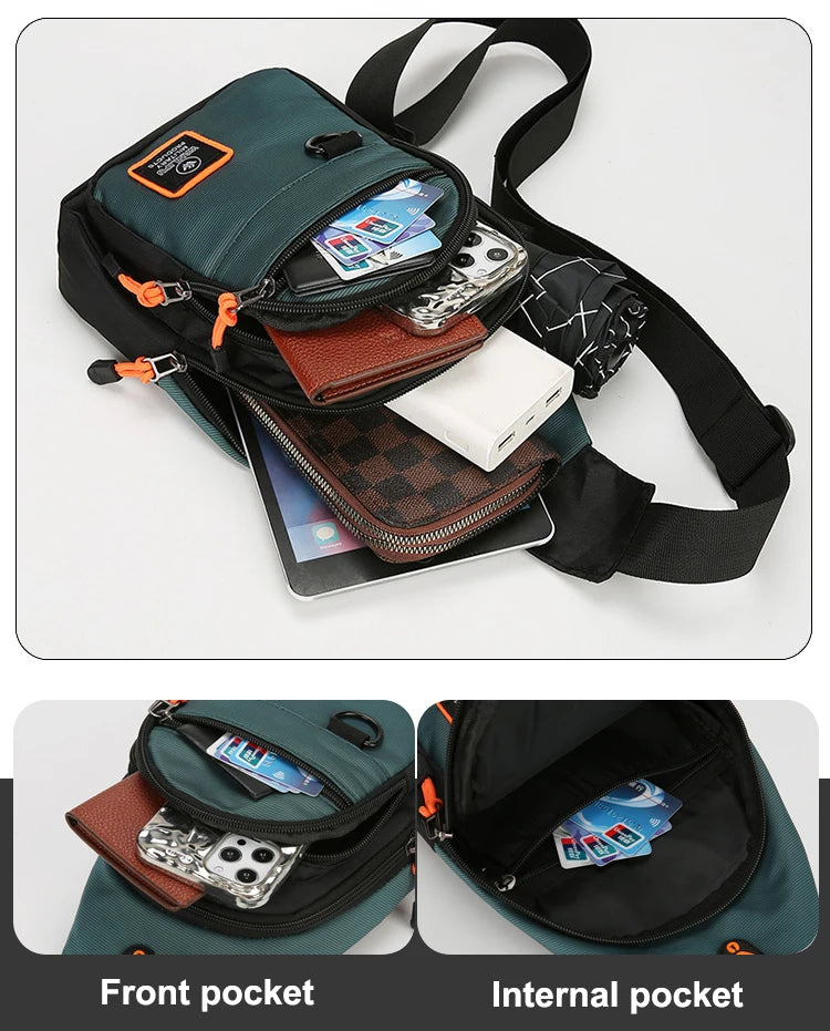 A dark green nylon chest bag with multiple zippered pockets and a black strap, showing front and internal views.